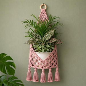 May include: A pink macramé plant hanger with a wooden ring at the top, holding a white ceramic pot filled with various green plants. The hanger has a diamond pattern and is adorned with pink tassels at the bottom. The background is a muted green.