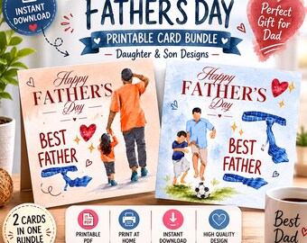 Könnte beinhalten: Ein druckbares Kartenbündel zum Vatertag mit Designs für Töchter und Söhne. Die Karten zeigen Aquarellillustrationen von Vätern mit ihren Kindern, zusammen mit dem Text "Happy Father's Day" und "Best Father". Enthält eine Tasse mit "Best Dad".