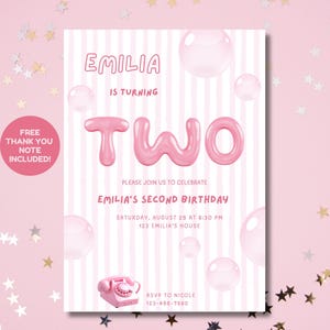 Inbjudan till rosa tuggummiflicka med 2-års födelsedag, redigerbar Canvasmall, bubbelinbjudan, andra födelsedag, barnsåpbubbelfest för nedladdning