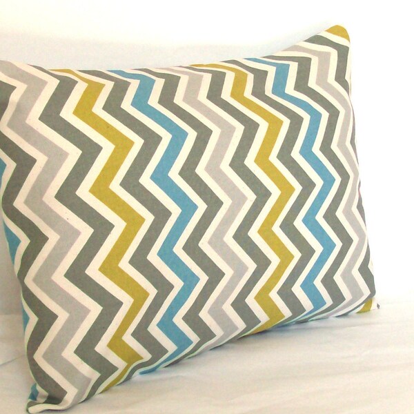 SALE Lumbar Pillow Cover - Chevron - 12x16, 12x18 or 14x20 inch Travel Neck Cushion Cover - Blue Citrine-Yellow Grey Zig Zag