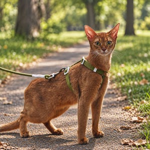 May include: An Abyssinian cat with a reddish-brown coat wearing an olive green nylon harness with white plastic buckles and a matching olive green leash attached to a silver metal D-ring on the back of the harness.