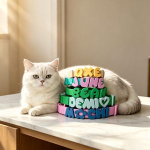 Op de afbeelding: Een witte kat met groene ogen ligt naast een stapel kleurrijke dierenhalsbanden. Elke halsband toont een naam in vetgedrukte, speelse letters. De halsbanden zijn in tinten roze, groen, blauw en geel.