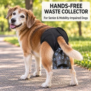 May include: A black dog nappy with an attached black waste bag featuring a white paw print pattern. The text HANDS-FREE WASTE COLLECTOR For Senior & Mobility-Impaired Dogs is visible in the upper right corner of the image above the dog.