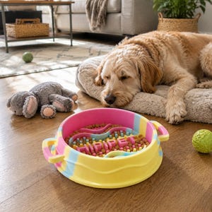 May include: A round, multi-coloured slow feeder bowl for pets featuring pink, yellow, and blue pastel stripes. The interior has raised ridges and pillars to slow eating, with the word HIPIPET moulded into the centre, filled with brown kibble.