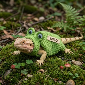 May include: A light green crocheted frog costume for a bearded dragon, featuring two large plastic googly eyes on top and a rectangular beige fabric tag with the name MILO printed in black letters, worn by a tan lizard with a textured scale pattern.