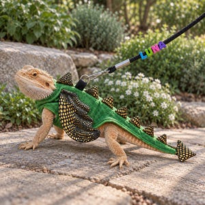 May include: A bearded dragon wearing a green fabric costume with black and gold spotted wings and spikes along the back. A black leash is attached to the costume, featuring colourful letter beads spelling the name LUNA in a vertical sequence.