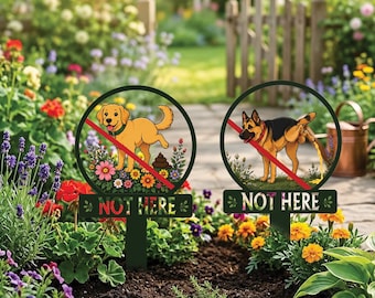 Estaca metálica para jardín "Prohibido el paso a excrementos de perro" - Decoración para excrementos de mascotas - Letrero "No aquí" - Estaca para césped "Prohibido que los perros ensucien" - Idea de regalo para propietarios de viviendas - Letrero floral para perros