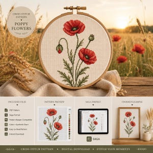 Puede incluir: Un patrón de punto de cruz con amapolas rojas, tallos y hojas verdes sobre tela blanca, dentro de un bastidor de madera. El diseño muestra dos flores abiertas y dos capullos, presentado como un archivo digital descargable en formato PDF.