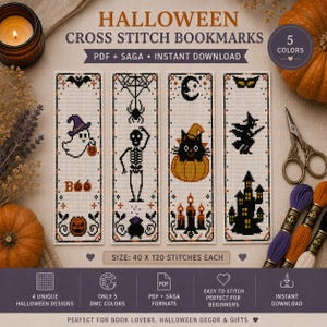 Op de afbeelding: Vier rechthoekige kruissteek bladwijzers met Halloween-ontwerpen waaronder een geest, skelet, zwarte kat in een pompoen en een heks met een kasteel. De tekst luidt HALLOWEEN CROSS STITCH BOOKMARKS, PDF + SAGA en SIZE: 40 X 120 STITCHES EACH.
