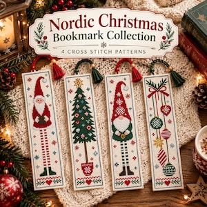 May include: Four rectangular bookmarks featuring Nordic Christmas cross stitch patterns. Designs include a Santa, a Christmas tree, a gnome, and hanging ornaments. Each bookmark has a cream-colored fabric base, red or green tassels, and festive motifs.