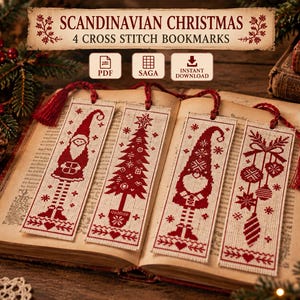 May include: Four rectangular cross stitch bookmarks featuring red patterns on a light fabric background. The designs include two gnomes, a Christmas tree, and hanging ornaments. Each bookmark has a red tassel and the text SCANDINAVIAN CHRISTMAS.