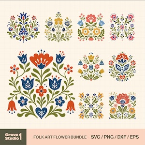 May include: A digital collection of eight floral illustrations featuring symmetrical arrangements of flowers, leaves, and heart shapes in red, blue, yellow, and green. The text "Grove Studio" and "FOLK ART FLOWER BUNDLE SVG / PNG / DXF / EPS" is at the bottom.