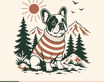French Bulldog Mountain Scene SVG, Retro Dog Sweater Design (Digital Download)