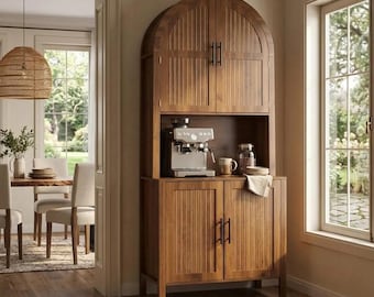 Tall Arched Pantry | Fluted Bookcase with Doors | Coffee Bar Stand | Walnut Hutch | Farmhouse Decor | Arched Cabinet | Rustic Cupboard