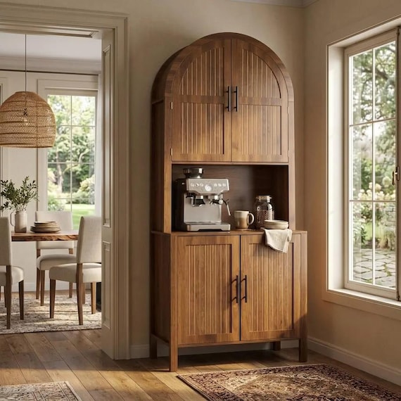 Tall Arched Pantry | Fluted Bookcase with Doors | Coffee Bar Stand | Walnut Hutch | Farmhouse Decor | Arched Cabinet | Rustic Cupboard