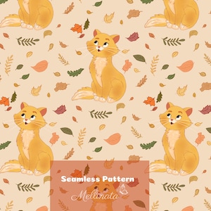 Puede incluir: Un patrón continuo con ilustraciones repetidas de gatos naranjas sentados entre hojas de otoño dispersas en tonos marrones, rojos y verdes sobre un fondo beige claro. El texto Seamless Pattern Mellinata es visible.