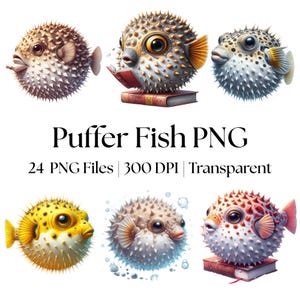 May include: A collection of six digital illustrations of puffer fish in various colours including yellow, white, and pink. Some fish are shown reading books or surrounded by bubbles. The text reads Puffer Fish PNG, 24 PNG Files, 300 DPI, Transparent.