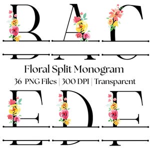 Floral Split Monogram Alphabet PNG | Elegant Letters A-Z | Numbers 0-9 | Name Frame | Sublimation