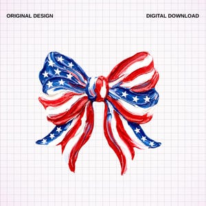 Puede incluir: Un lazo creado digitalmente en rojo, blanco y azul, que recuerda a la bandera estadounidense. El lazo presenta rayas y estrellas, con las palabras "ORIGINAL DESIGN" y "DIGITAL DOWNLOAD" en la parte superior.