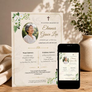 May include: A memorial card and a smartphone displaying a similar design. The card features a photo, floral accents, and text: "IN LOVING MEMORY OF Eleanor Grace Lee." Details include dates, service times, and a Bible verse.