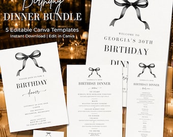 Puede incluir: Un conjunto de plantillas de cena de cumpleaños en blanco y negro, que incluyen invitaciones y menús. Cada plantilla presenta una ilustración de lazo. El texto incluye "Birthday Dinner Bundle" y "5 Editable Canva Templates".