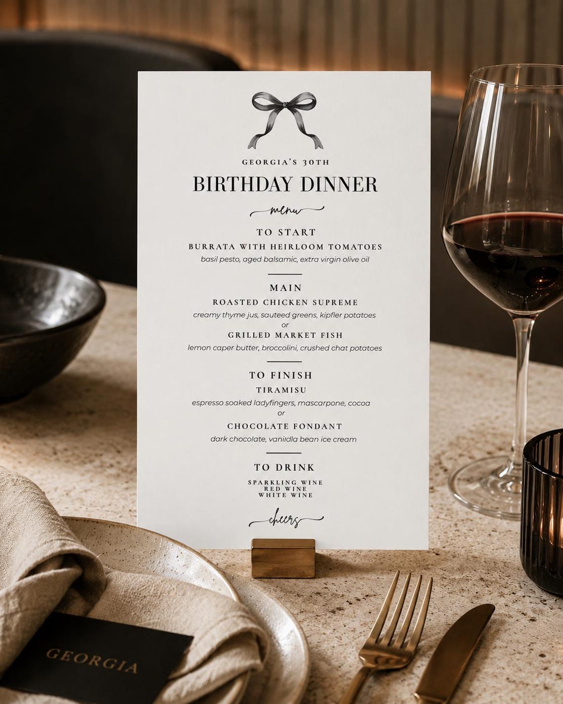 Editable Birthday Menu Template | Black Bow Dinner Card (digital ...