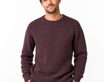 Modello per maglione all'uncinetto color prugna da uomo, facile ed elegante, perfetto per l'inverno e per tutti i giorni. Idea regalo fai da te. Download immediato.
