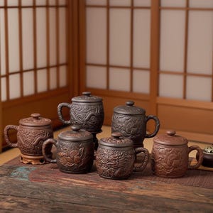 Caneca de cerâmica japonesa com tampa, xícara de chá com dragão de lótus, estilo zen asiático.