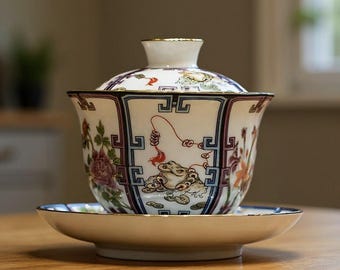 Porseleinen Gaiwan-theekop met deksel en schotel, geldkikkerontwerp in Chinese stijl, sierlijke keramische theeset, Aziatisch geïnspireerde theecadeau