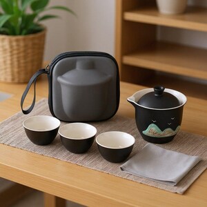 Bärbar teservis för resor, svart keramik Gaiwan med bergskonst, tre tekoppar, asiatiskt teceremonikit, modern minimalistisk present