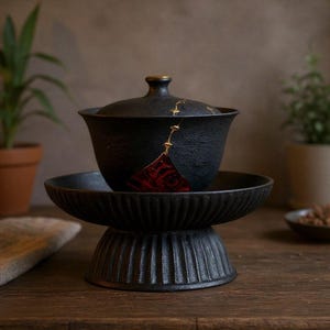 Kintsugi Tea Cup black gaiwan cup, ceramic bowl, wabi sabi decor