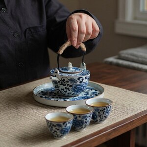 May include: A blue and white ceramic tea set with floral patterns. The set includes a teapot with a woven handle, a serving tray, and three small teacups, all with matching designs. The tea cups are filled with tea.