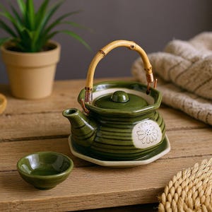 Green Ceramic Tea Set with Bamboo Handle Teapot and Cups, Pottery Tea Ceremony Gift