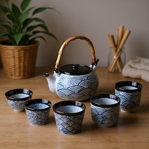 Japanese Style Ceramic Tea Set with Bamboo Handle Teapot and Five Cups - Blue Wave Pattern Pottery Drinkware Gift