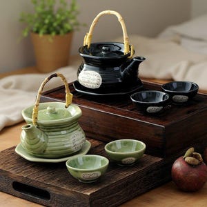 Puede incluir: Un juego de té que incluye una tetera negra brillante y una tetera verde claro, cada una con asa de bambú y plato a juego. El conjunto consta de cuatro pequeñas tazas de té a juego, dos negras y dos verdes, decoradas con detalles florales blancos.