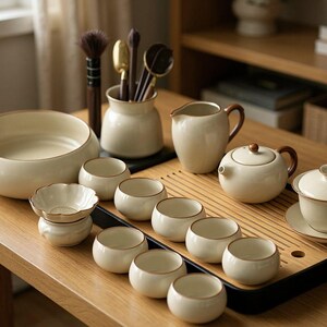 Op de afbeelding: Een keramische theeset met een crèmekleurige theepot, een gaiwan met deksel, een schenkkan en meerdere kleine ronde kopjes. De set bevat een grote kom, een houder met diverse gebruiksvoorwerpen en een rechthoekig houten theeblad met sleuven.