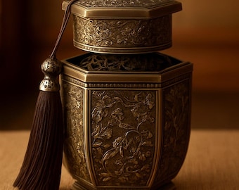 Ornate Brass Incense Holder, Antique Floral Metal Trinket Box with Tassel, Elegant Vintage Style Home Decor Container