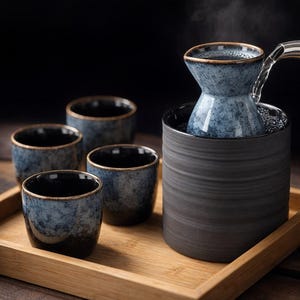 May include: A ceramic sake set with a dark blue and black glaze, featuring a server and four matching cups. The server has a unique hourglass shape, and the cups have gold rims. The set is presented on a wooden tray.