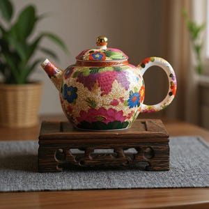 Könnte beinhalten: Dekorative Keramik-Teekanne mit floralem Design in Rosa, Blau und Gelb. Die Teekanne steht auf einem dunklen Holzständer mit geschnitzten Details. Der Deckel ist mit einem goldfarbenen Knopf versehen. Henkel und Ausguss sind ebenfalls mit bunten Blumenmustern verziert.