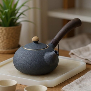 Op de afbeelding: Een donkergrijze, getextureerde keramische theepot met een rond lichaam, een korte tuit en een lange, donkerbruine houten zijhandgreep. Het deksel heeft een kleine, lichtgekleurde, getextureerde knop en een dunne goudkleurige rand.