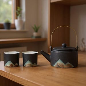 Può includere: Una teiera in ceramica nera con manico in metallo dorato e una coppia di tazze piccole abbinate. Ogni pezzo presenta un esterno scuro testurizzato con un design paesaggistico dipinto alla base, raffigurante montagne blu e marroni.