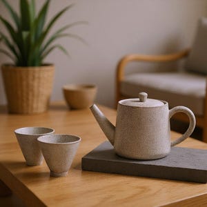 May include: A ceramic teapot with a textured, speckled beige finish, featuring a matching lid, a curved handle, and a tapered spout, accompanied by two small, matching conical tea cups with the same speckled beige surface texture.