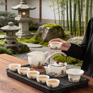 Puede incluir: Un juego de té japonés con una tetera blanca, una jarra de crema y seis tazas pequeñas, todas con un diseño de paisaje decorativo. El juego está dispuesto en una bandeja negra, con una persona sosteniendo una taza de té. El fondo presenta un jardín japonés tradicional.