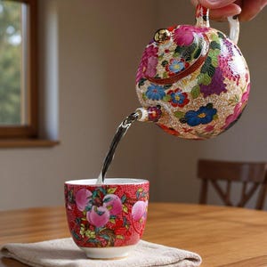 Op de afbeelding: Een met bloemen versierde theepot giet water in een bijpassende theekop. De theepot heeft een kleurrijk ontwerp met roze, blauwe en paarse bloemen. De theekop heeft een rode achtergrond met een perzikpatroon. De scène speelt zich af op een houten tafel.