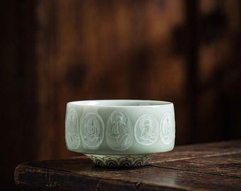 Celadon Buddha Tea Bowl, Handcrafted Ceramic Matcha Bowl, Zen Meditative Cup, Spiritual Home Decor Gift, Asian Style Teacup