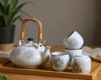 Service à thé en céramique avec théière avec anse en rotin et tasses à thé florales - Cadeau verres poterie fleur de pissenlit blanc