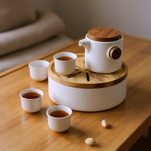 Puede incluir: Un juego de té de cerámica blanca con base y tapa de madera. El juego incluye una tetera, una bandeja y cuatro tazas pequeñas llenas de té. Los elementos de madera proporcionan un contraste natural con la cerámica blanca.
