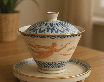 Handmade Ceramic Tea Bowl with Lid and Saucer, Blue Orange Gold Art Pottery Tea Cup Set, Unique Gaiwan Gift