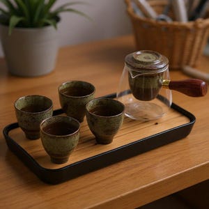 Op de afbeelding: Een theeset bestaande uit drie kleine, gespikkelde olijfgroene keramische kopjes en een glazen theepot met een bijpassend keramisch deksel en filterinzetstuk. De theepot heeft een zijhandvat van donker hout op een rechthoekig zwart dienblad.
