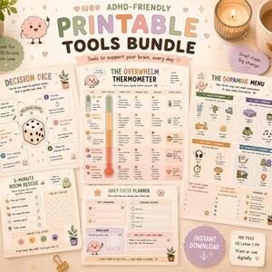 Puede incluir: Paquete de herramientas imprimibles para TDAH con el texto "Printable Tools Bundle". El paquete incluye un dado de decisión, un termómetro de abrumamiento, un menú de dopamina, un rescate de habitación de 5 minutos y un planificador diario. Descarga instantánea.